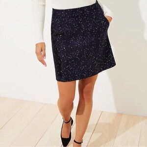 LOFT Navy Blue Tweed Sequin Mini Skirt Pockets Zip Closure